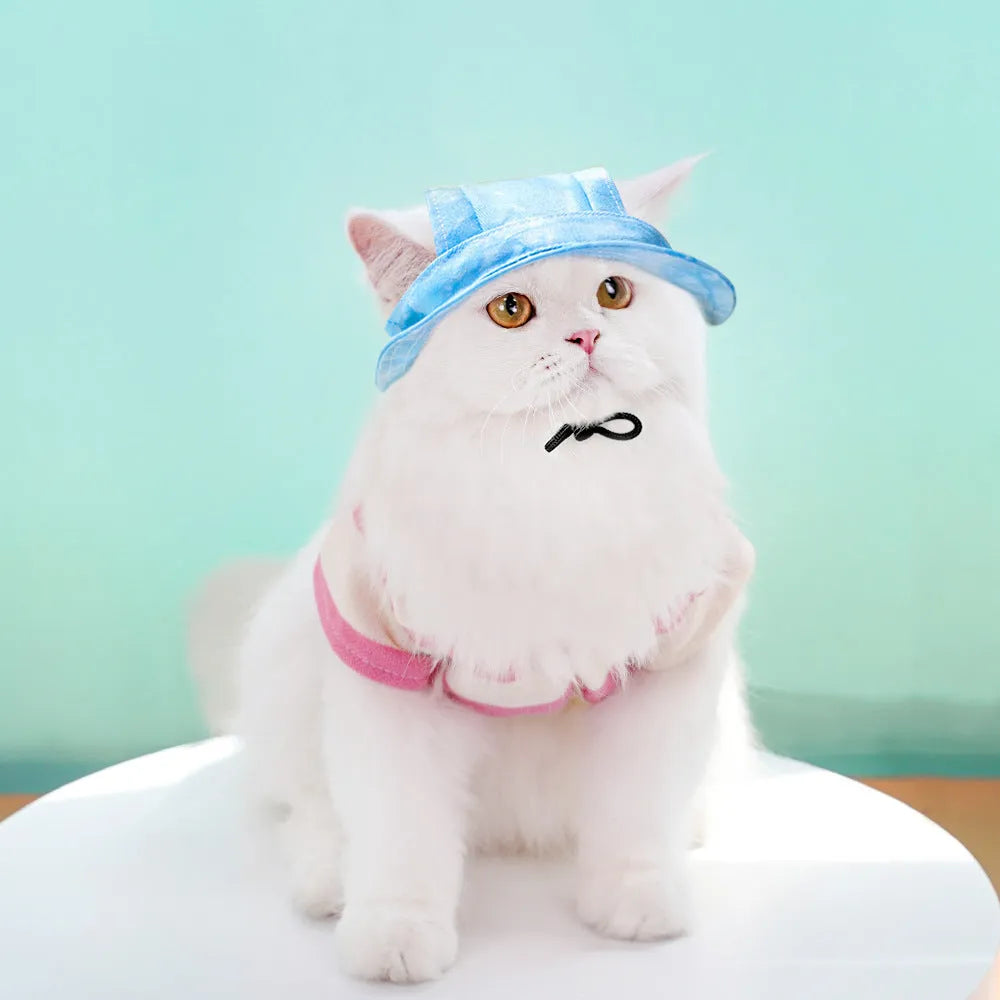 Pet sun hat for dog and cat with adjustable chin strap, polyester bucket style, available in multiple tie-dye colours