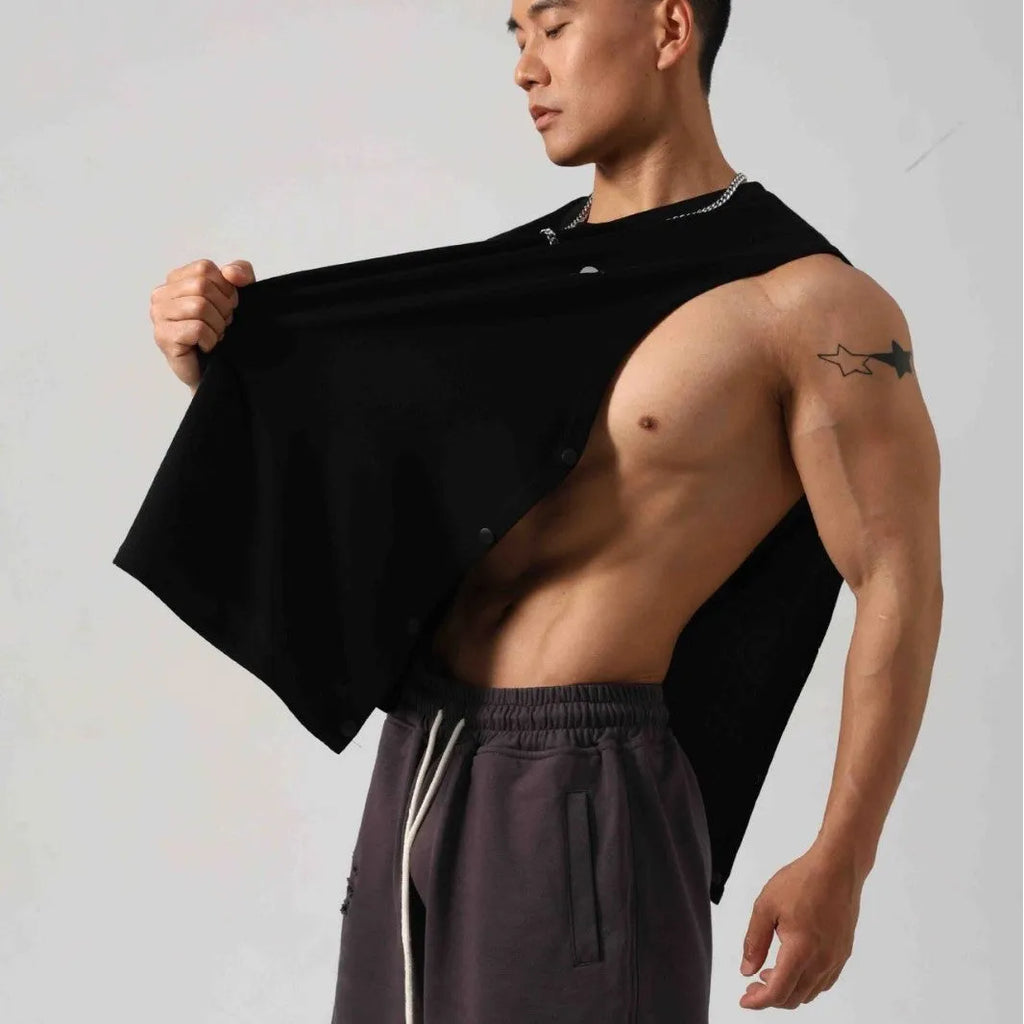 Men's Korean style cotton fitness vest with sides opening and hidden hook design