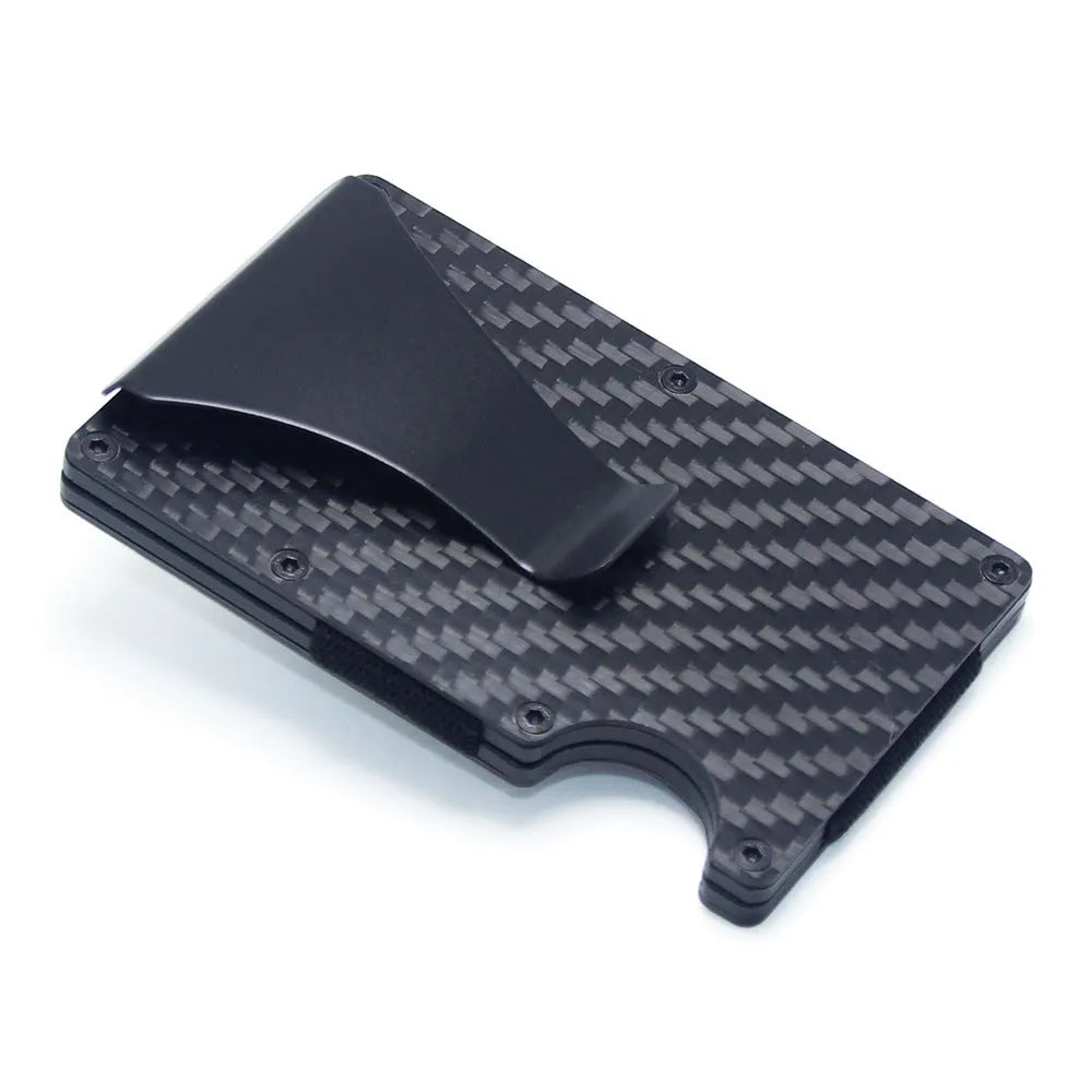 Geometric card holder in black carbon fibre showing slim 8mm profile and card capacity