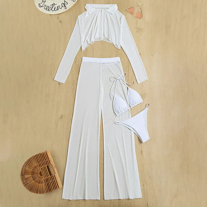 White women's four-piece swimsuit set showing backless top, high-waisted trousers, bra, and panties arranged together