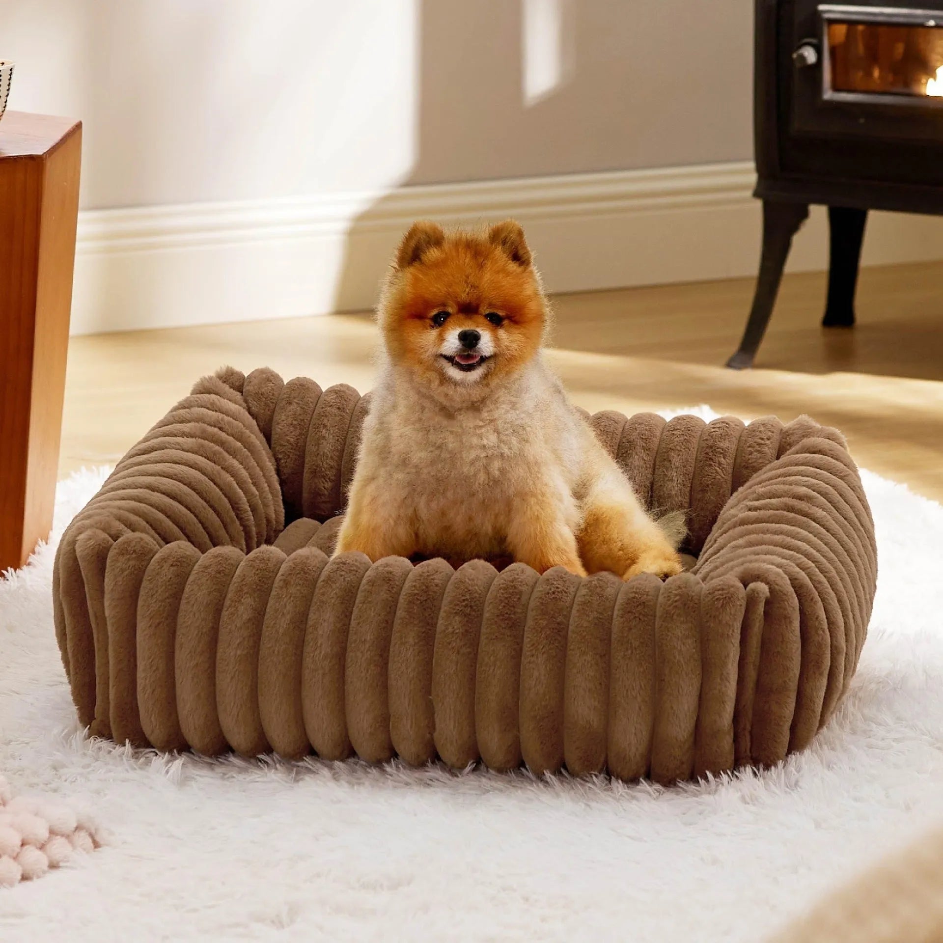 Beige raised cushion pet bed for a medium-sized dog on a wooden floor.