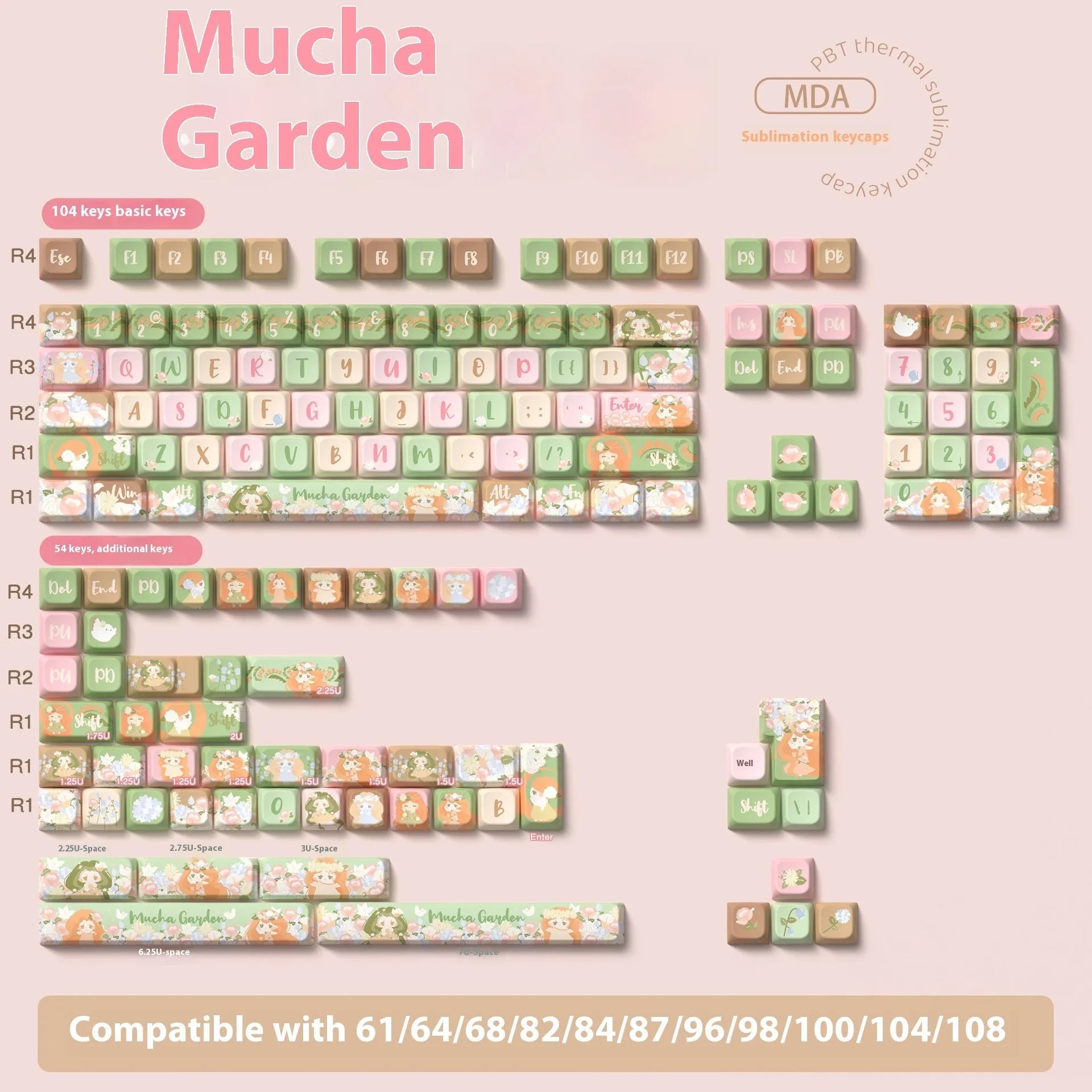 Summer Garden design mechanical keyboard keycaps with sublimation printing in 138-key or 158-key set options