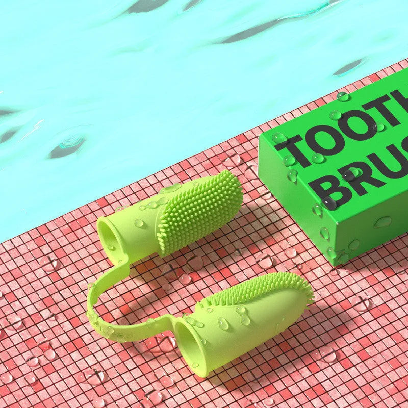 TPR double finger dog toothbrush set in pink, blue green and grass yellow colours for canine dental care