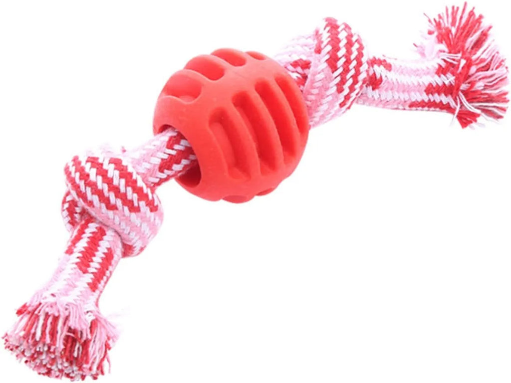 Blue soft dog chew toy with integrated rope for dental care and oral health.