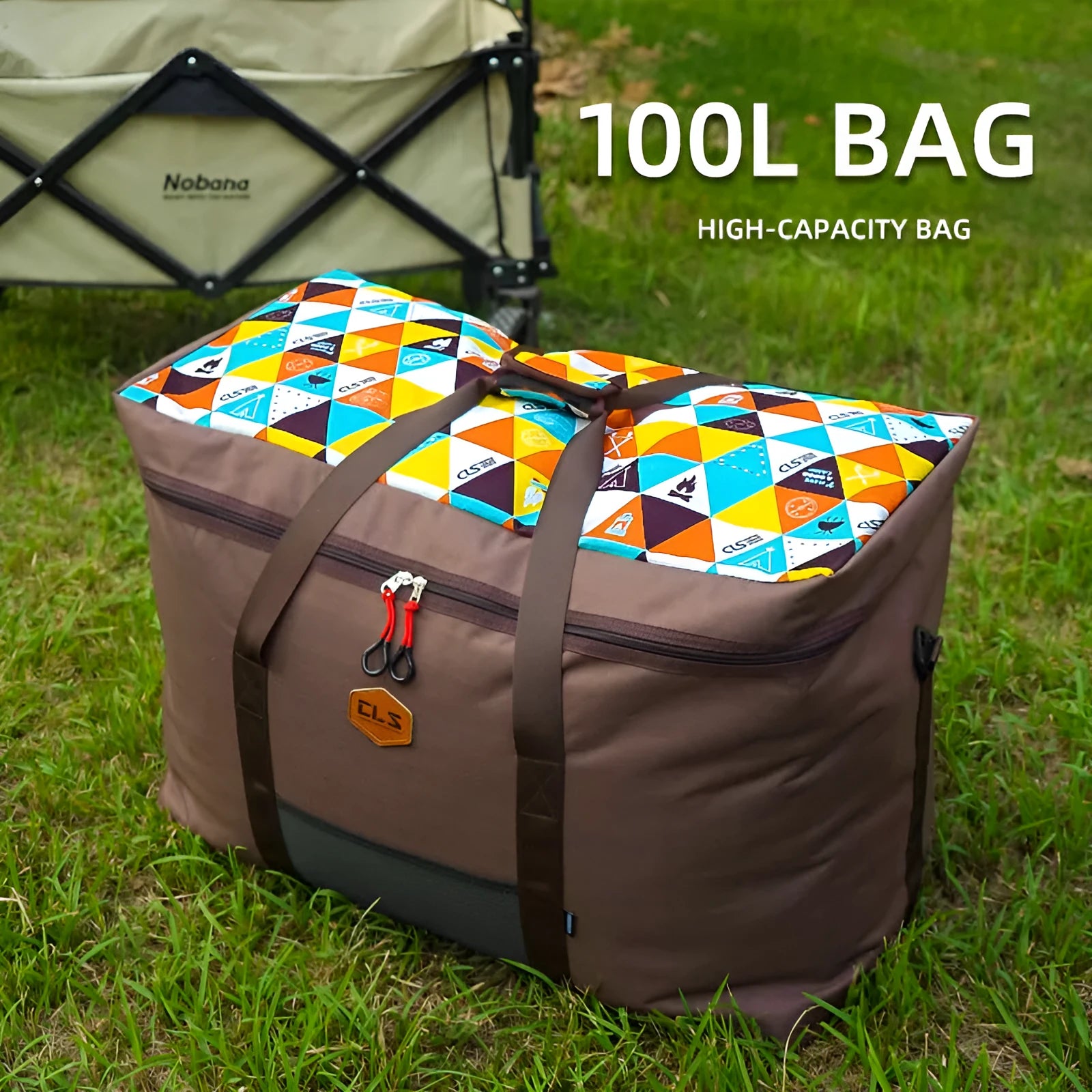 CLS Outdoor large capacity 100L camping storage bag in cube shape, expanded view, 600D Oxford cloth