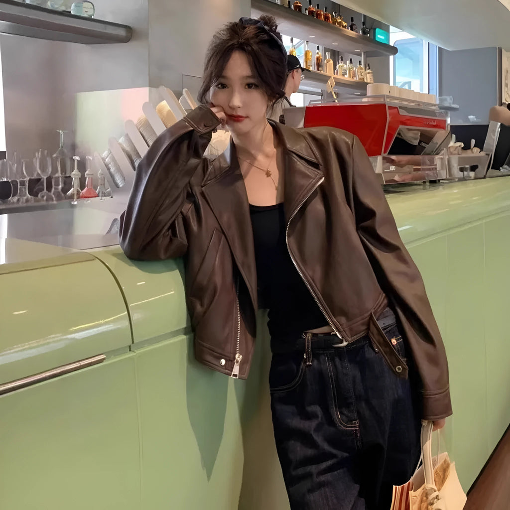 Women's brown retro leather coat jacket with slim fit, regular sleeves, and practical pockets