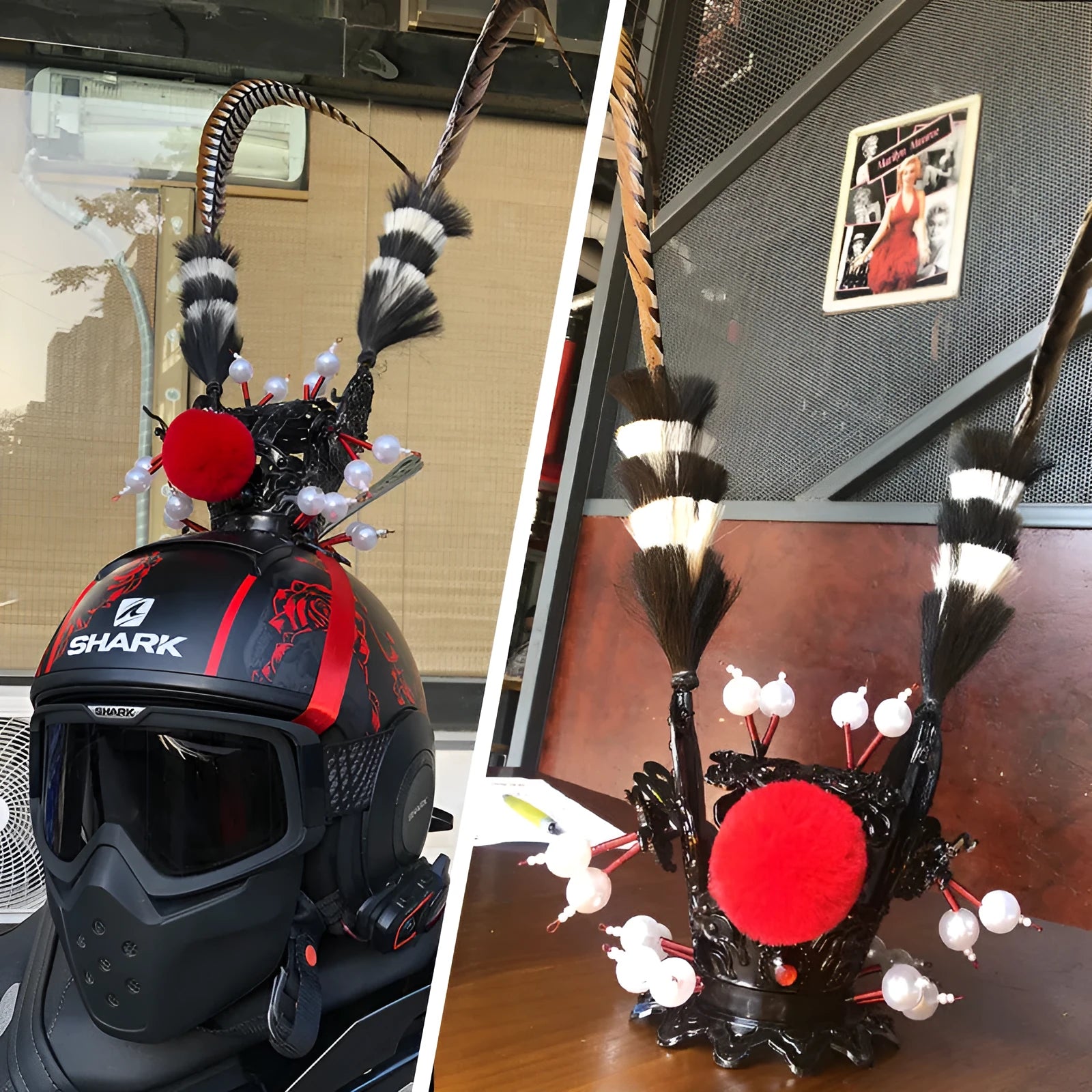 Zijin gold crown and long black feather motorcycle helmet decoration with adhesive backing