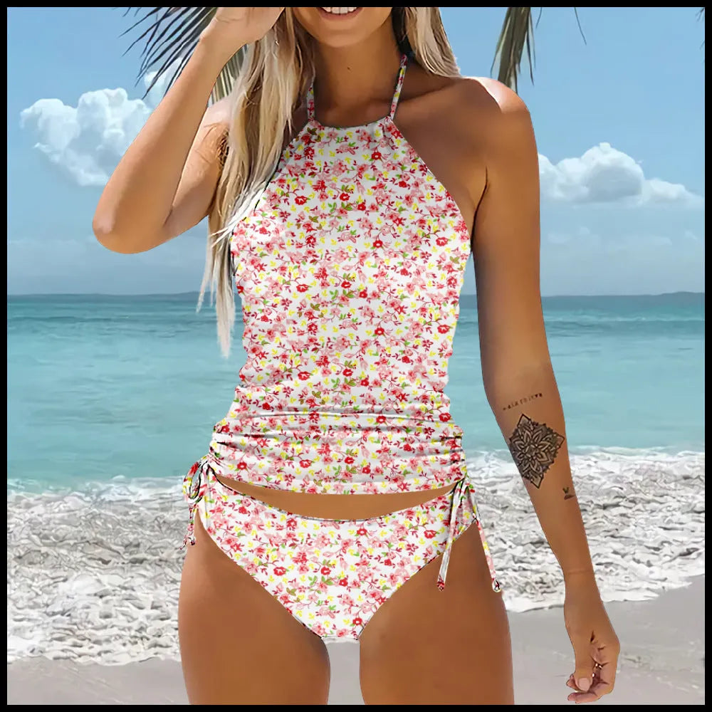 Pattern bikini beach swimsuit set in high-waist backless style, polyester fibre, multiple colour options