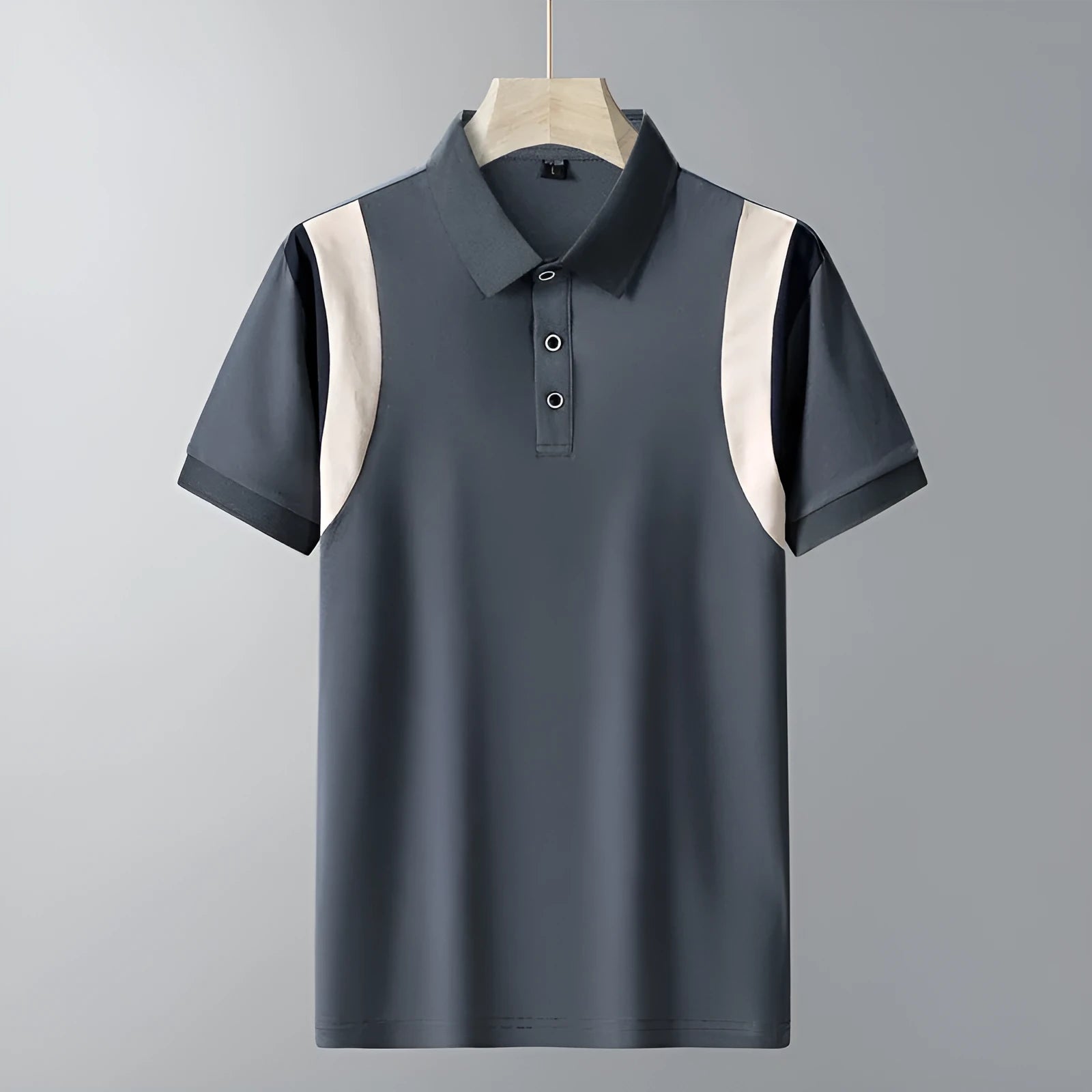 Men's grey striped cotton t-shirt with a lapel collar and loose fit on a hanger.