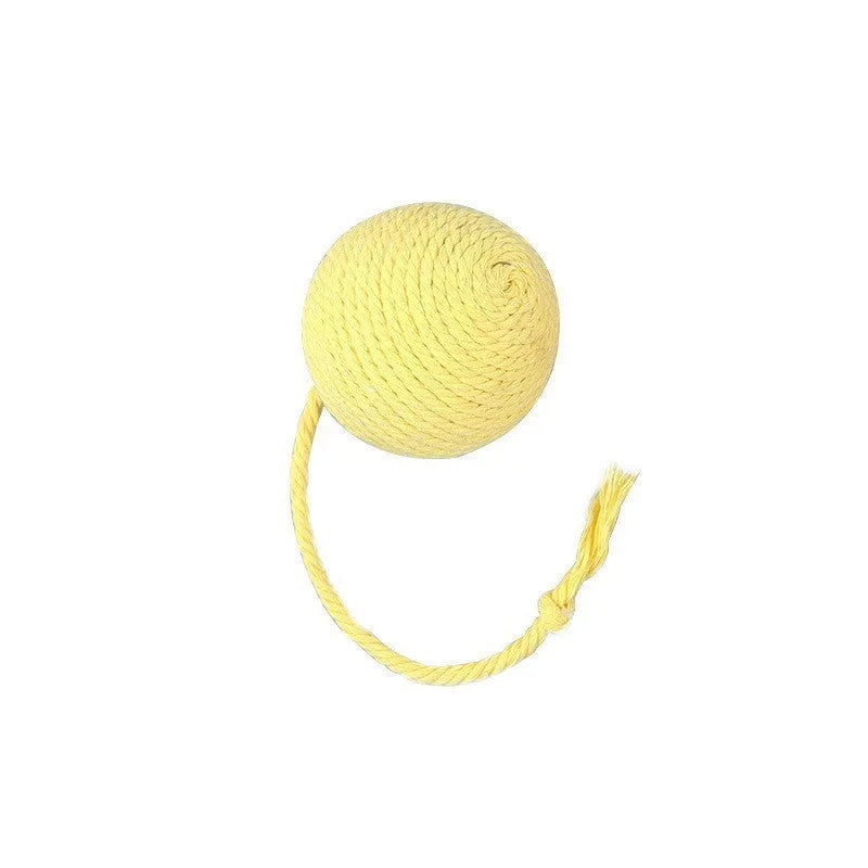 Colourful cat toy ball with rope attachment and built-in bell for interactive pet play