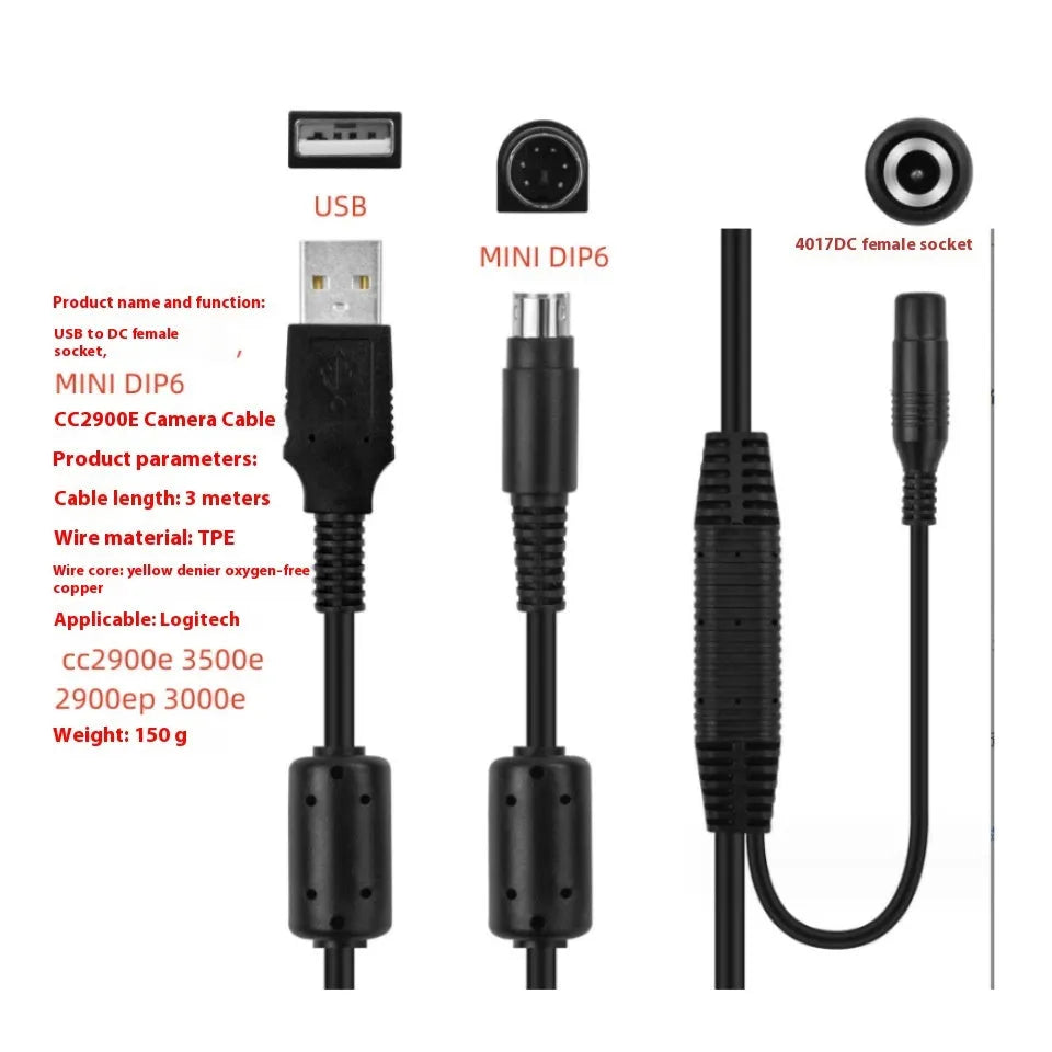 Camera power cord, 3 M line length, Logitech camera wire colour, customization as request, packed in a PP bag