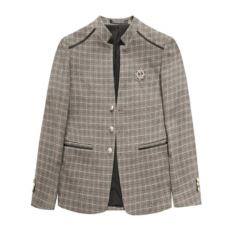 Men's slim fit plaid suit coat in brown, grey, khaki, or light green, sizes M to 4XL, acetate fibre, polyester lining.