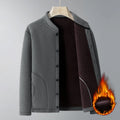 Men wearing dark gray velvet sport suit with long-sleeve jacket and trousers, wool lined winter tracksuit