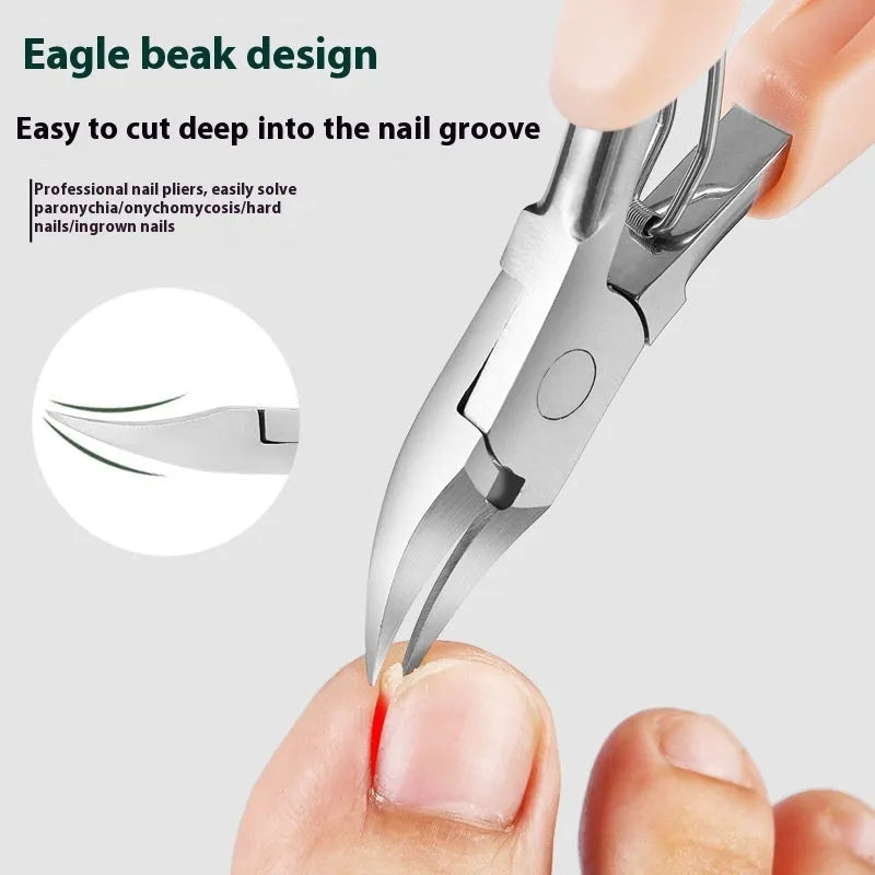 Specialised olecranon nail groove clippers with bevelled blades and a plastic stainless steel handle.