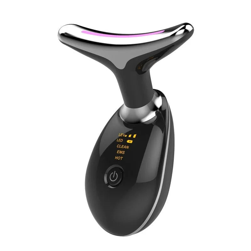 Black and silver EMS thermal neck lifting massager with LED lights for skin tightening and wrinkle reduction.