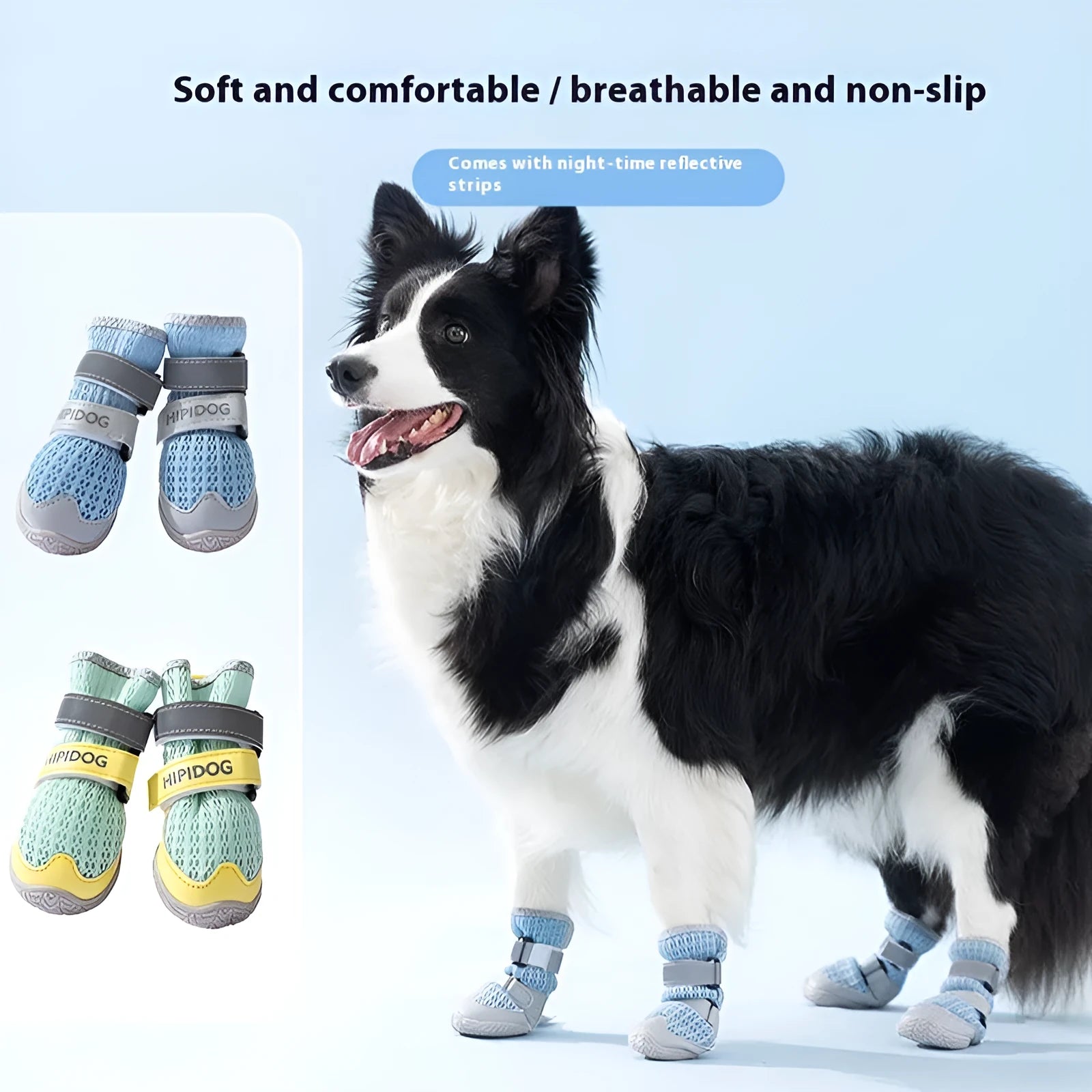 Pair of light blue breathable dog shoes with mesh upper and PU sole on a wooden surface.
