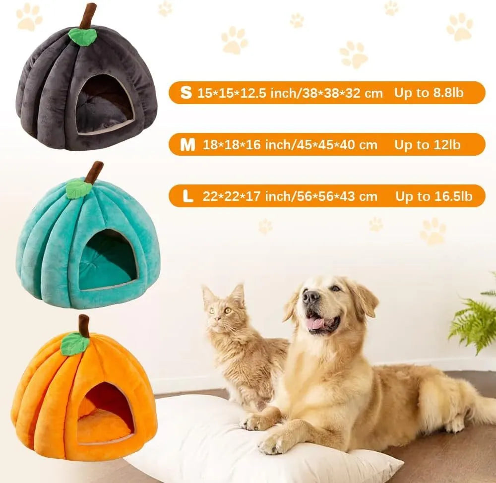 Pumpkin-shaped plush cat cave bed in blue colour with a semi-enclosed entrance.