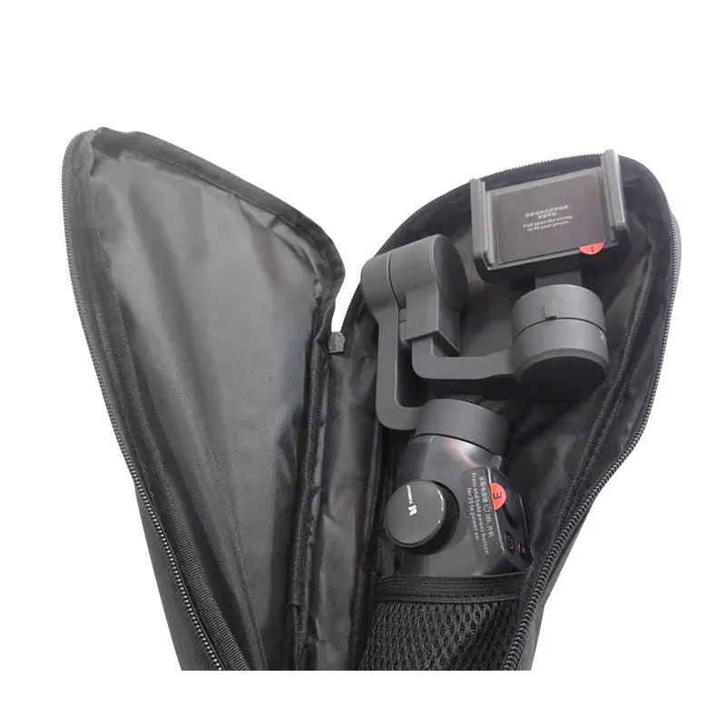 Black cloth zippered storage pouch for a mobile phone gimbal and its accessories on a table