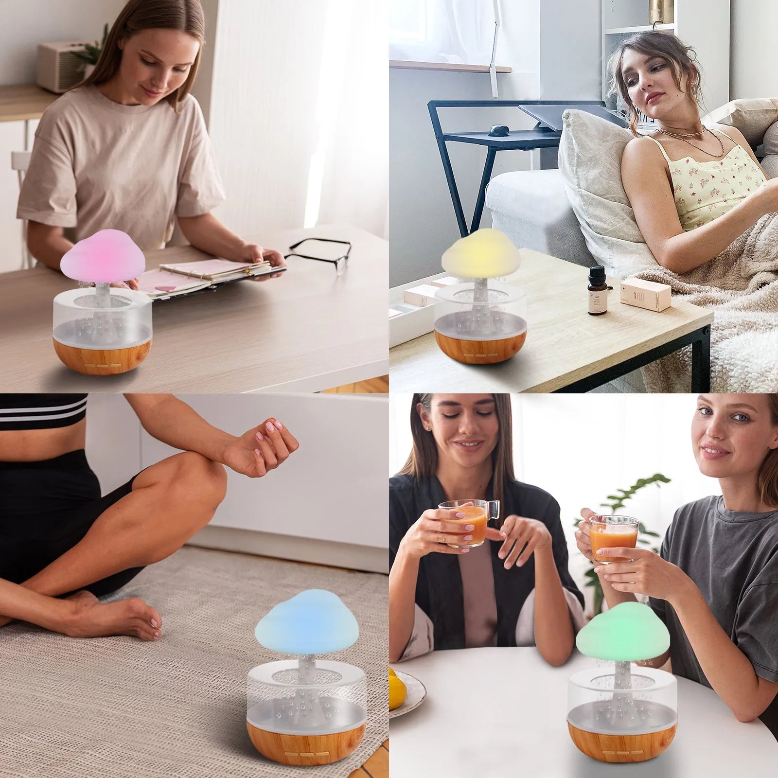 White USB-powered micro humidifier diffuser with night light on a surface, showing water tank and colour-changing LEDs.