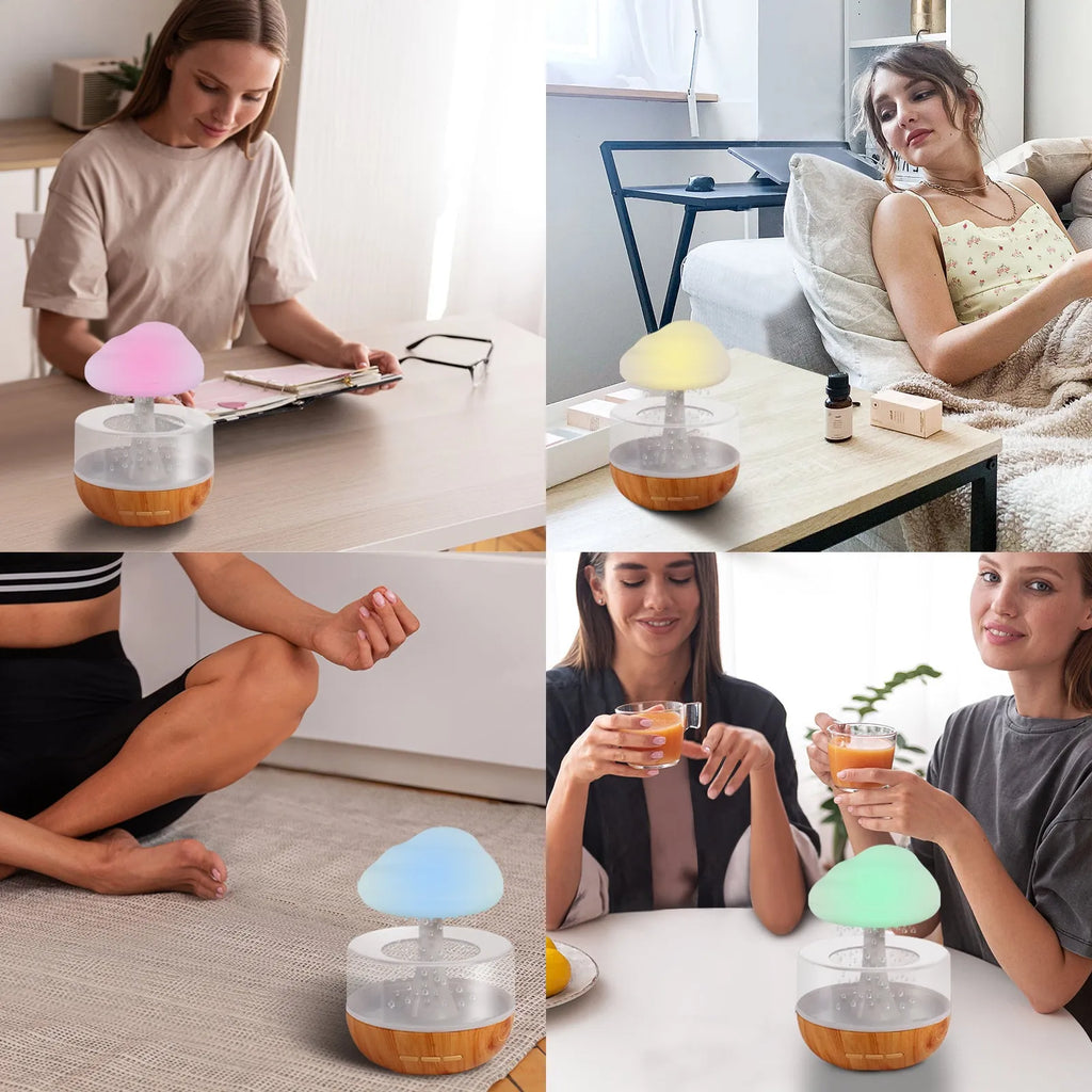 White portable USB humidifier with night light and essential oil diffuser on a wooden surface.