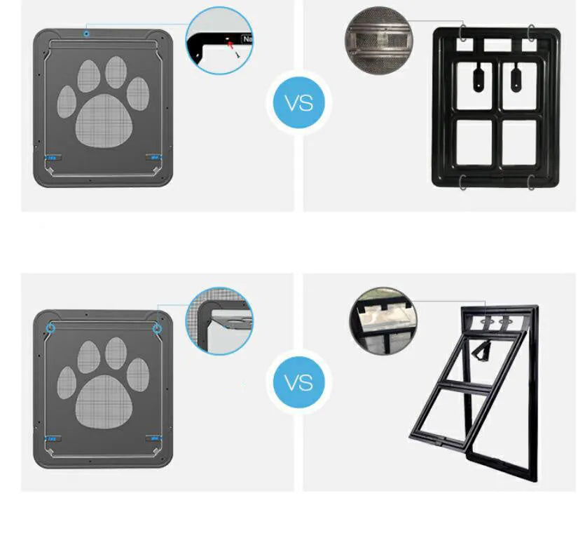 Lockable black pet screen door with ABS frame and nylon mesh for small cats and dogs on a screen window