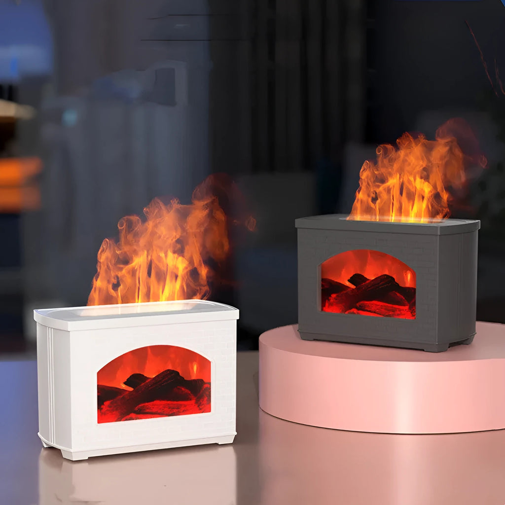 Simulated flame humidifier in black with USB cord, compact design for home use