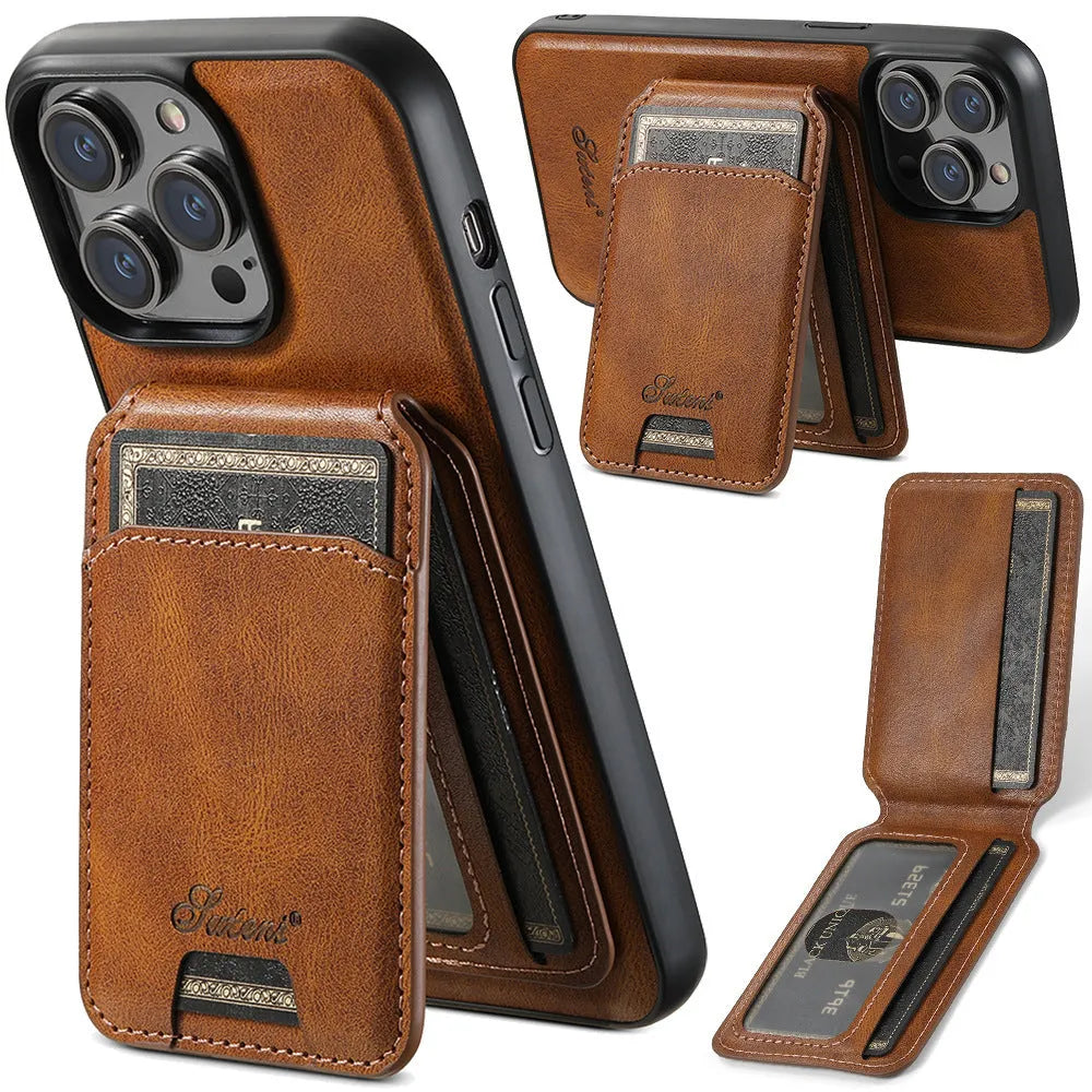 Black silicone iPhone case with Magsafe ring and rear card slot, showing oil wax pattern texture.