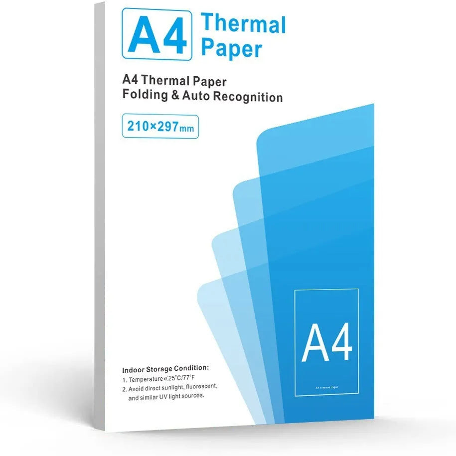 White A4 thermal printer paper in colour box packaging with dimensions 210x297mm