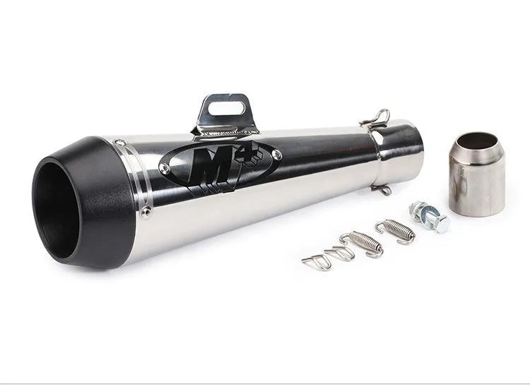 M4 universal motorcycle exhaust pipe in titanium finish, showing welding detail and mounting flange for large displacement engines.