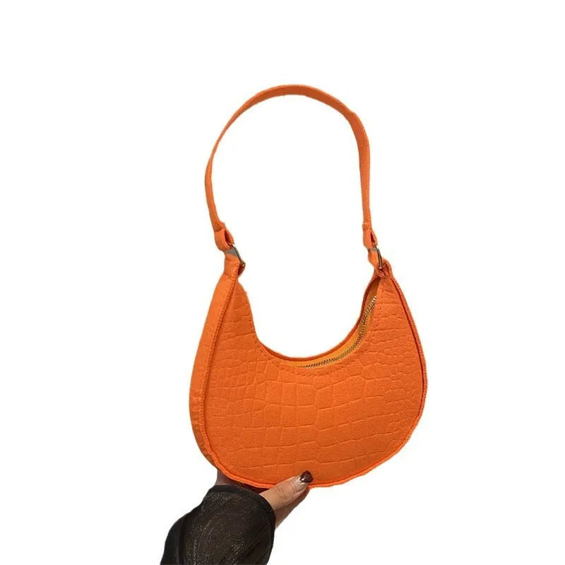 Casual felt shoulder handbag in orange red, rose red, black, brown, khaki, or green with polyester lining