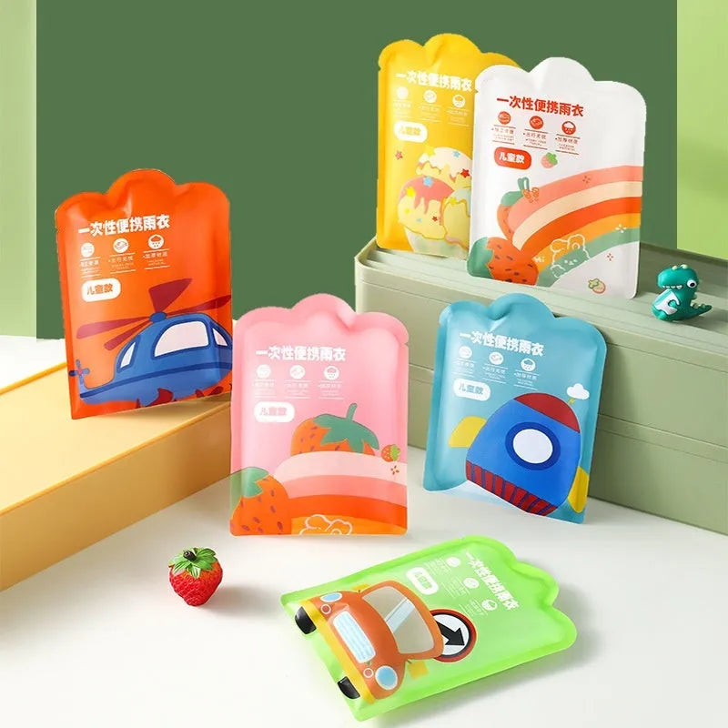 Disposable children's plastic poncho raincoat folded on a 13cm by 9cm card in assorted colours.