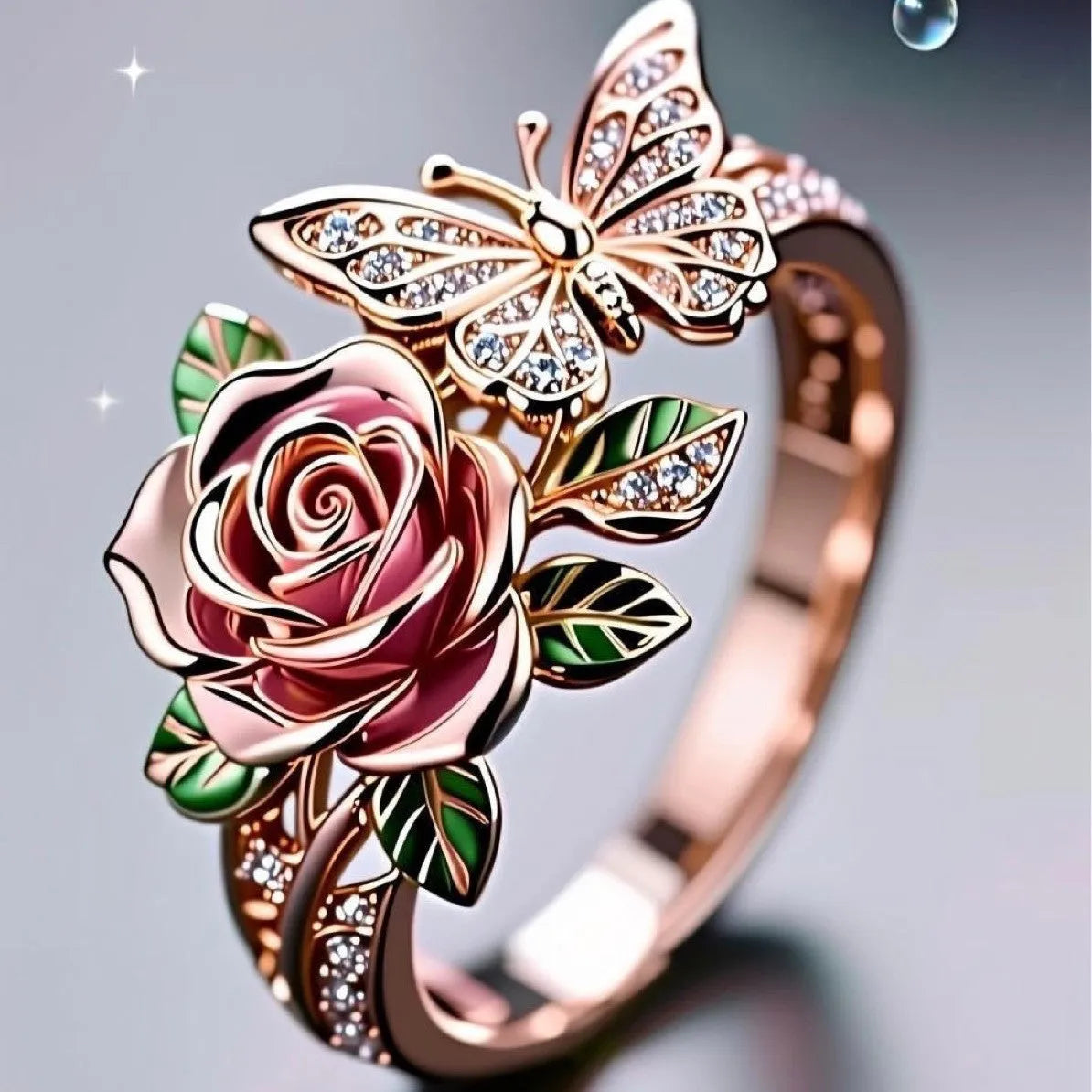 Close-up of an adjustable alloy ring with a colourful oil-drip finish, showing detailed butterfly and floral modelling.
