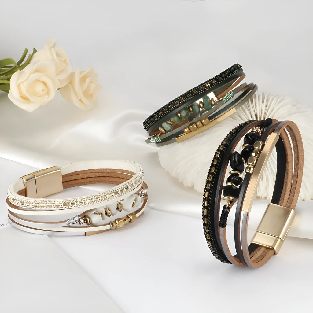 Boho copper tube bracelet with natural stone and magnetic snap on leather band, seven colour options