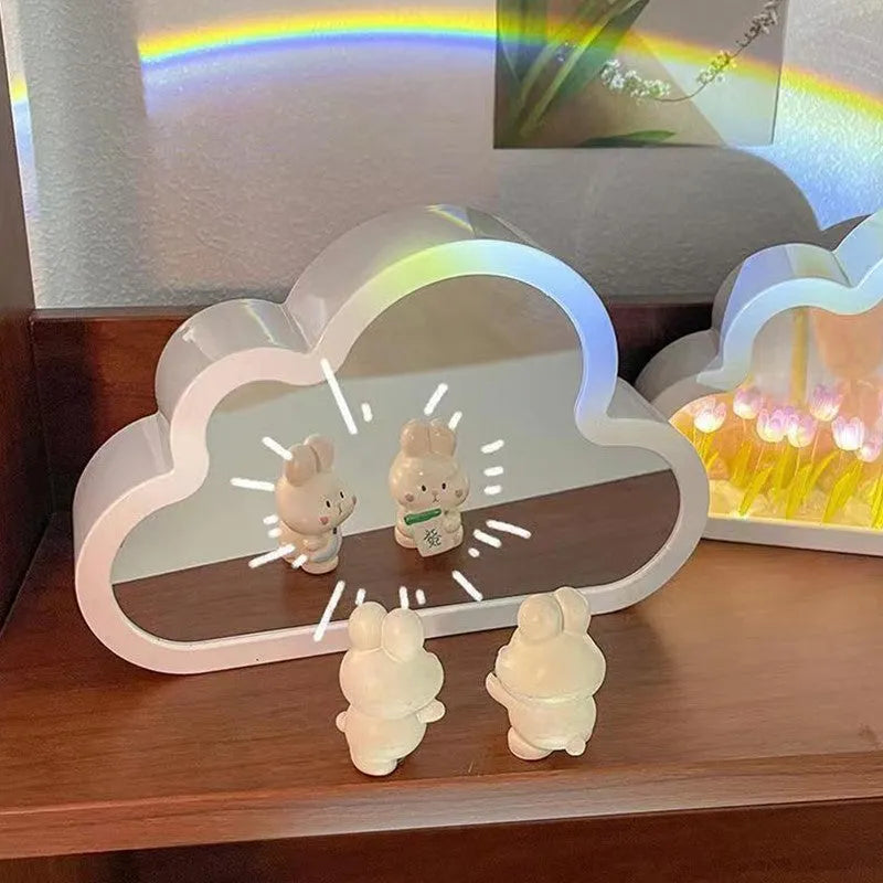Pink DIY tulip night lamp with LED light and decorative mirror on a wooden desk.