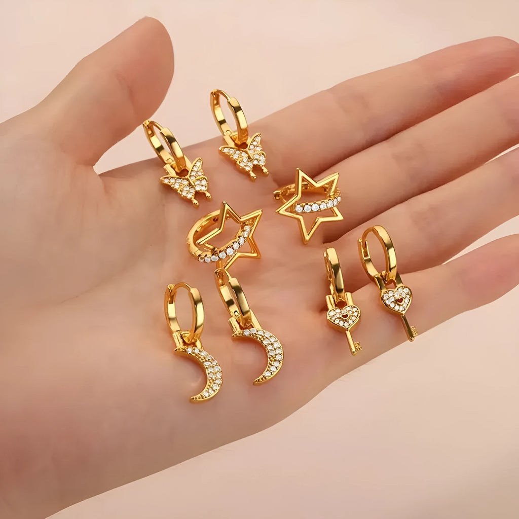 Women's copper butterfly earrings with heart, bow, and star geometric shapes in multiple colours.