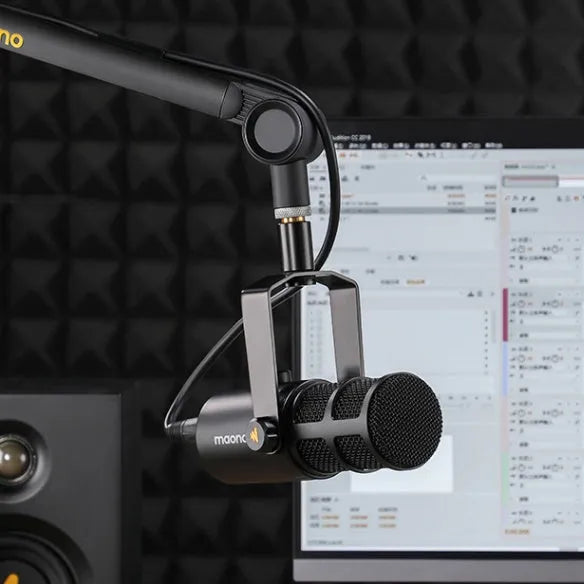 Tianwang Core moving coil microphone with metal body, XLR and USB cables, and stand on desk