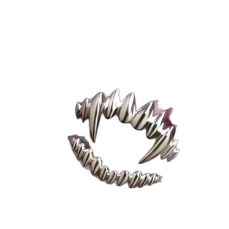 Silver vampire split open ring on finger showing adjustable opening and zinc alloy construction