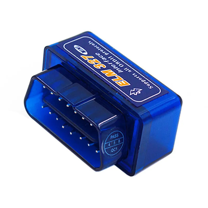 Compact black OBD2 Bluetooth diagnostic scanner for reading car engine fault codes.