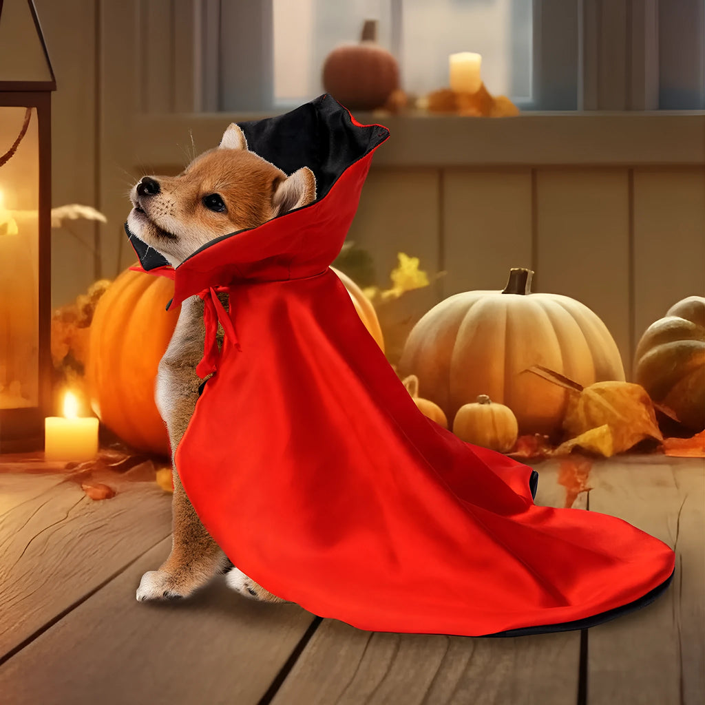 Red polyester Halloween cloak for medium large dogs with adjustable neck fastening