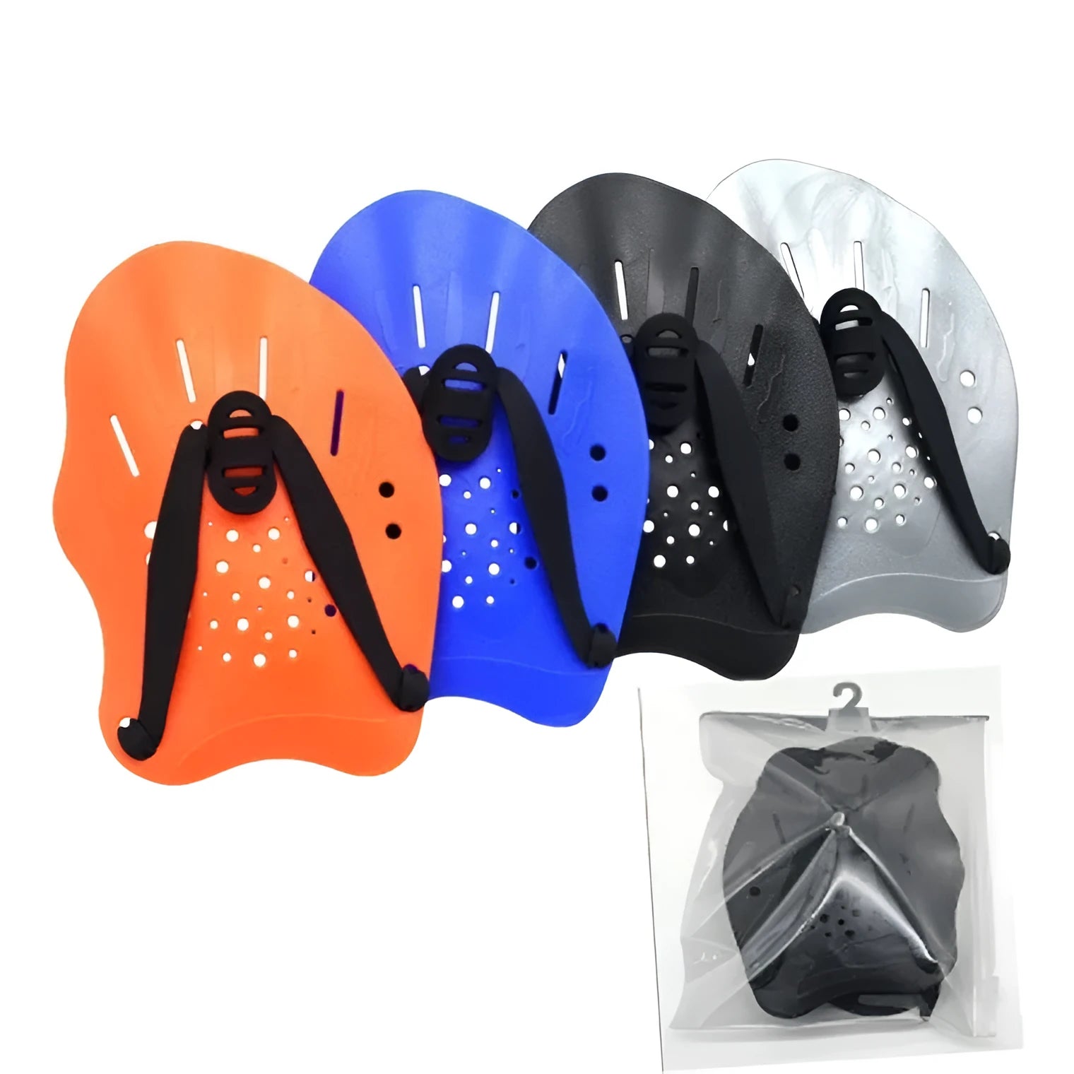 A pair of solid black swim training paddles with an overhand strap, shown on a blue background.