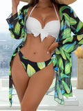 Women's three-piece bikini swimsuit set with mesh cover-up coat in various prints.