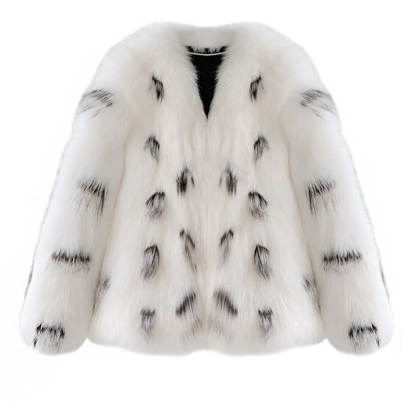 Black and white plus size women's short faux fur coat with regular sleeves.