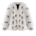 Black and white plus size women's short faux fur coat with regular sleeves.