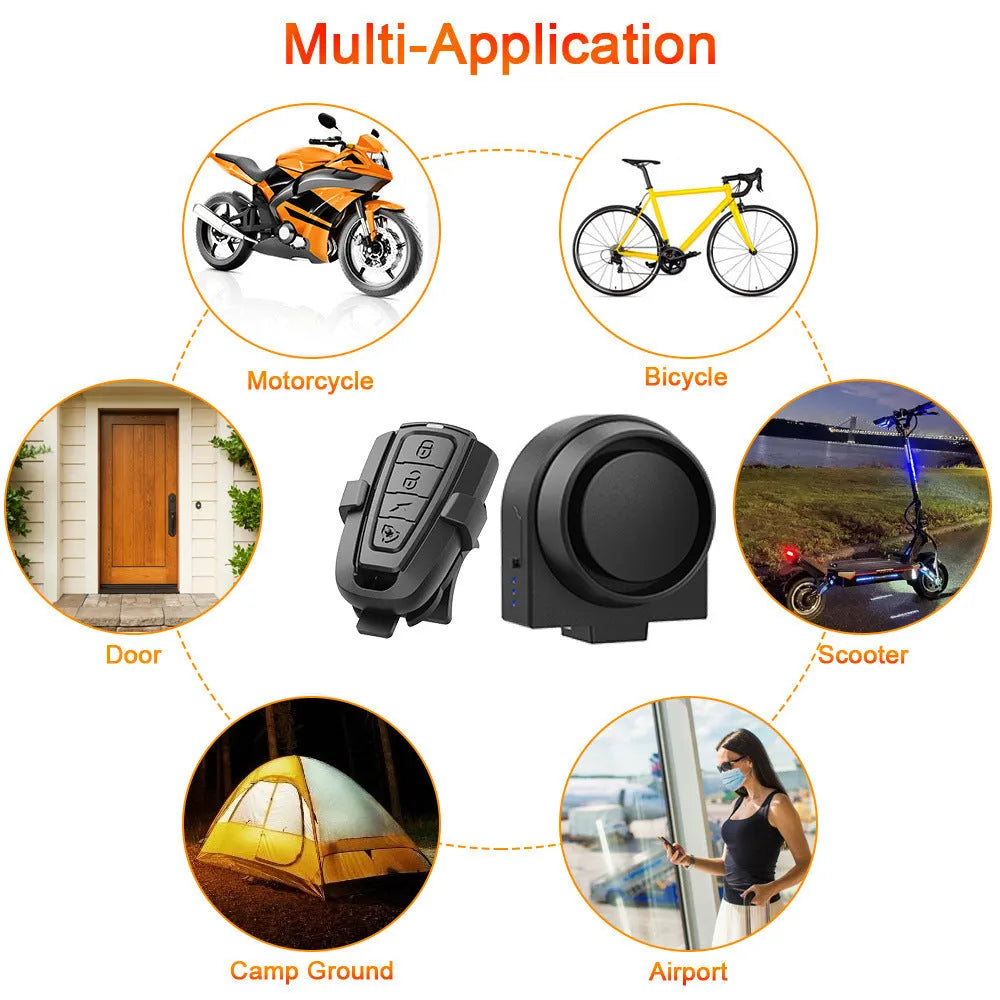 Black ABS rechargeable bicycle and motorcycle alarm with remote control and USB cable, showing compact unit and remote