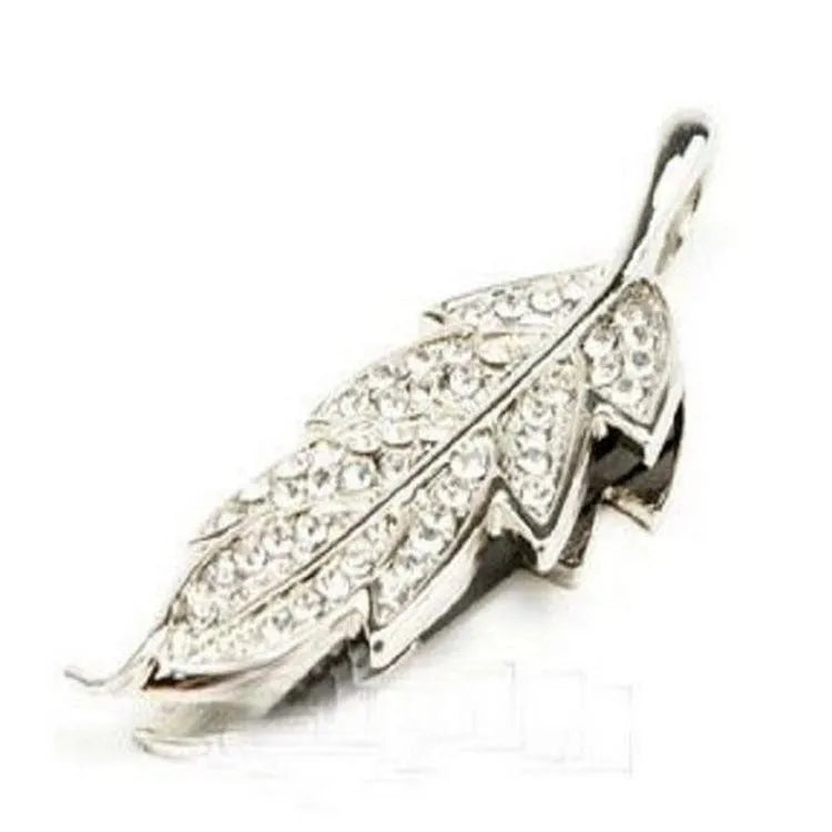 Silver metal USB flash drive shaped like a crystal maple leaf on a white background.