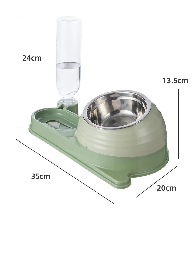 Brown elevated cat food bowl with attached water bottle dispenser on a white background.