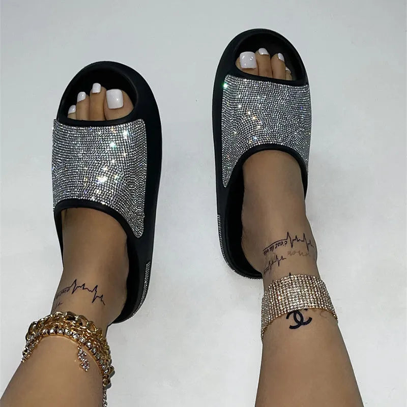 Apricot and black rhinestone peep-toe slippers for women with thick EVA sole and cloth lining, sizes 37 to 42