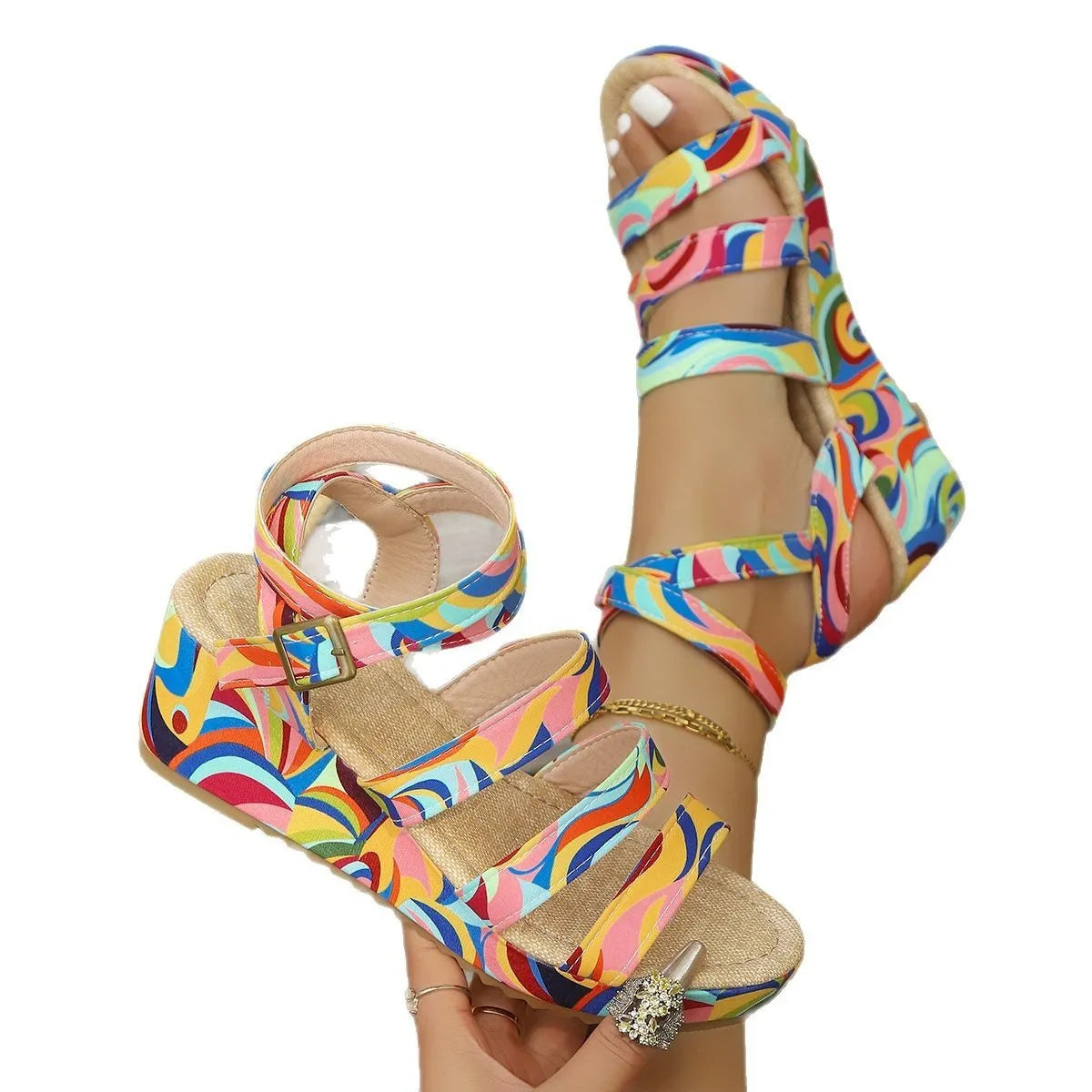 Women's buckle wedge sandals in European fashion style with fish mouth toe design