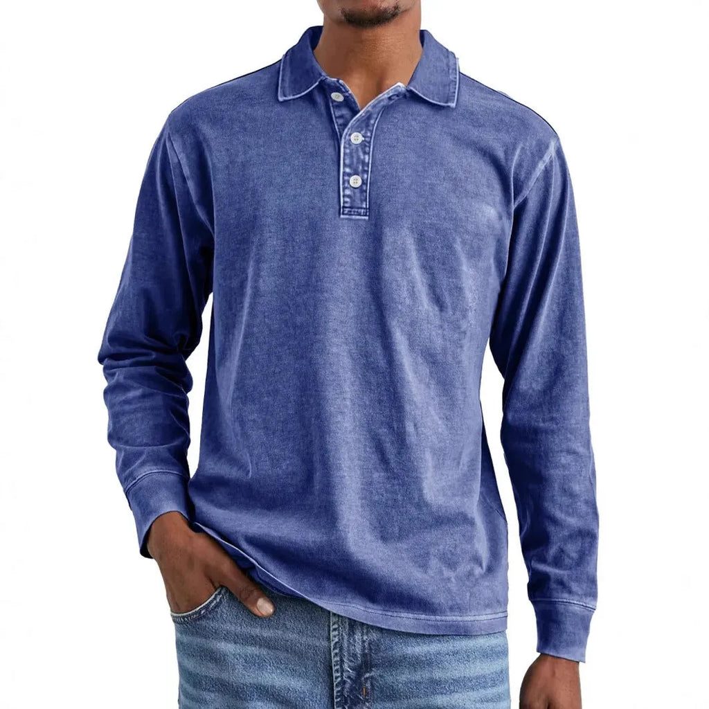 Retro washed distressed pure cotton men's long sleeve polo shirt with a lapel collar.