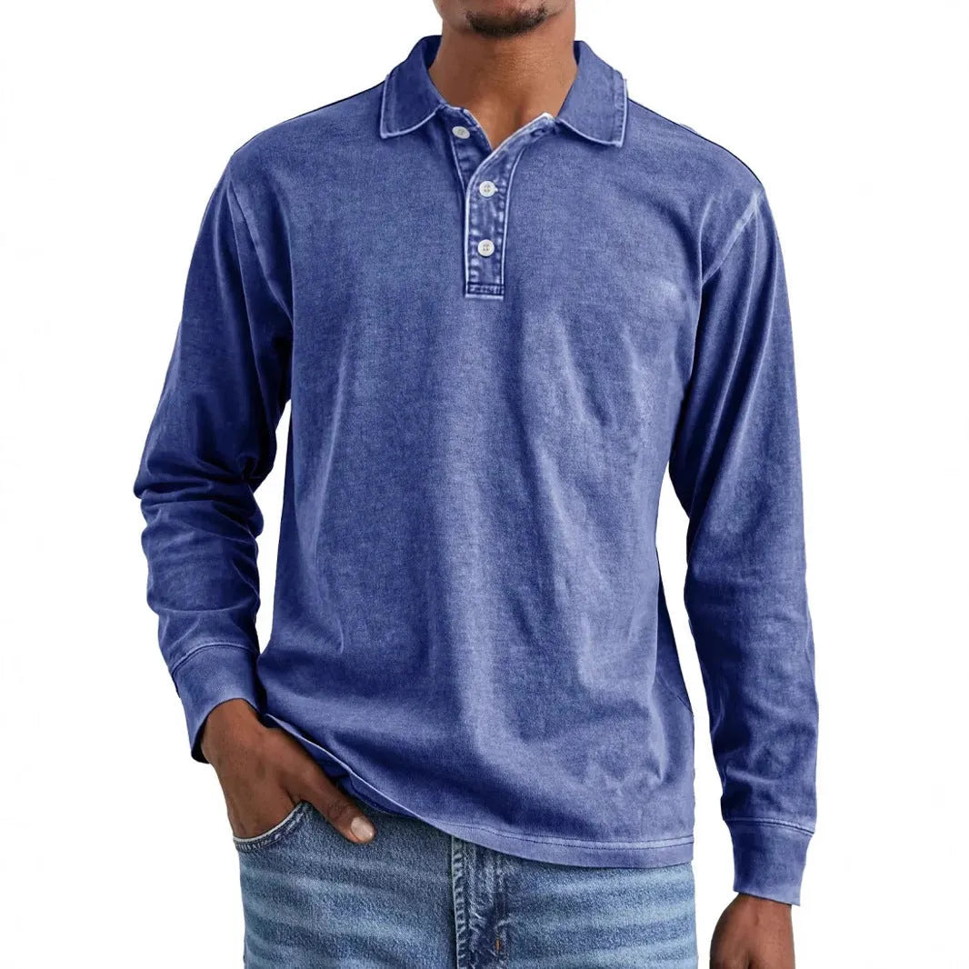Retro washed distressed pure cotton men's long sleeve polo shirt with a lapel collar.